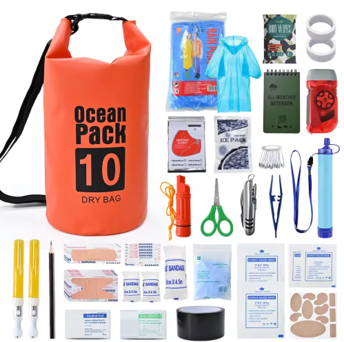 Uitbreiding 2026 — 12 extra items (Ocean Pack + dry bag, poncho, duct tape, glow sticks, ice pack, blister pad, sting relief, waterproof notebook, steri-strips, hi-vis vest, ...)