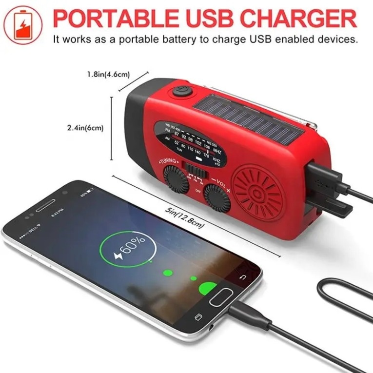 [EWP-NOODRADIO-2] Notfall-FM-Radio mit wiederaufladbarem Akku, Solarpanel und Handkurbel
