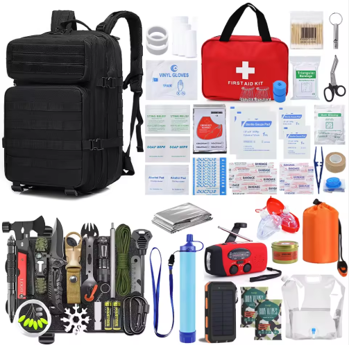 Kit d'urgence Pro : Sac à dos tactique, équipement de survie, mallette secours et radio FM (Noir, Orange)