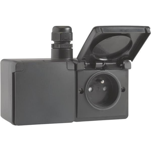 NIKO - Hydro spuitwaterdicht dubbel hor. stopcontact met penaarde, schroef, zwart - 761-37748